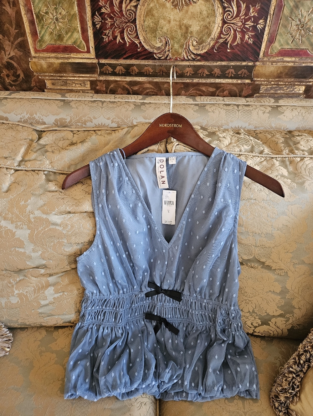 NWT Dolan By Anthropologie Polka Dot V-Neck Silk Top in Dusty Blue